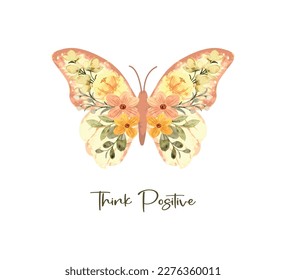 Watercolor butterfly with floral wings, spring flowers, vector design