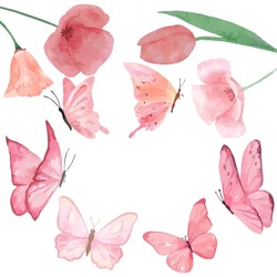 Papillon à L'aquarelle Et Illustration De Fleurs