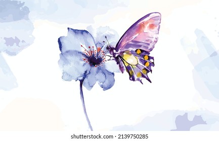 watercolor butterfly flying art and floral