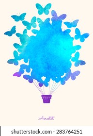 Watercolor butterfly hot air balloon.Celebration festive background with balloons. Perfect for invitations, posters and cards