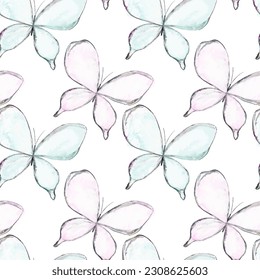 Watercolor butterfly pastel pink and green color seamless pattern for surface design 