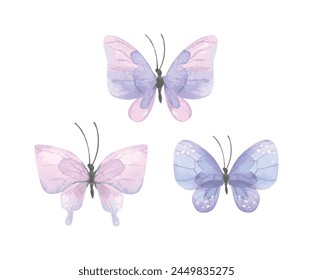 Watercolor butterfly set. Aesthetic pink, blue, purple, violet butterfly. Hand drawn watercolor vector illustration. Can be used for greeting cards, banners, wallpaper, birthday card.