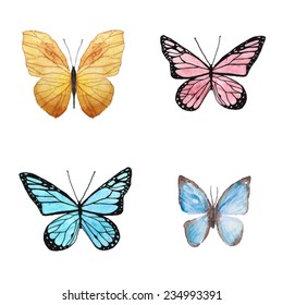 Watercolor butterfly set. Hand painted various butterflies isolated on white background. Vector illustration.