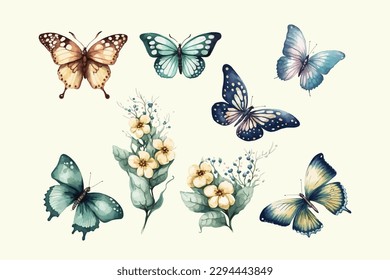 watercolor butterfly set in isloated background