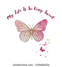 watercolor butterfly text girl tee illustration art vector 