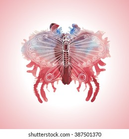 Watercolor butterfly, white patterns on red and blue aquarelle painting, vector design