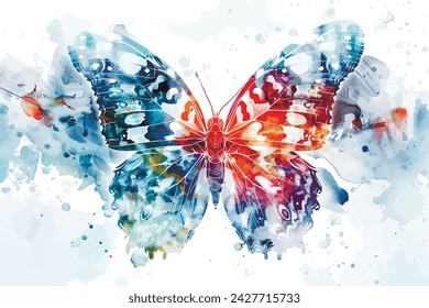 A watercolor butterfly with wings that unfold into a kaleidoscope of colors, animals, watercolor style, white background, with copy space