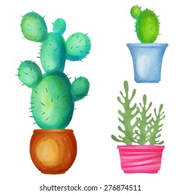 Watercolor cacti set, succulents, home flowers, houseplants in pots isolated on white background