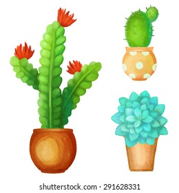 Watercolor cacti set, succulents, home flowers, houseplants in pots isolated on white background