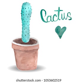 Watercolor cactus. Bright green. Thorny plant. For print on clothes, postcard. For your design. Hand-drawing.