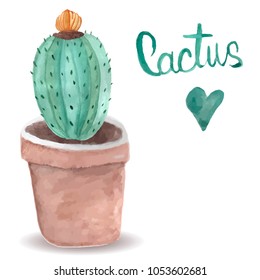 Watercolor cactus. Bright green. Thorny plant. For print on clothes, postcard. For your design. Hand-drawing.