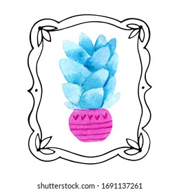 Watercolor cactus in hand-drawn frame. Vector illustration