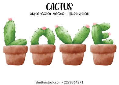 watercolor cactus, love cactus, cactus vector illustration