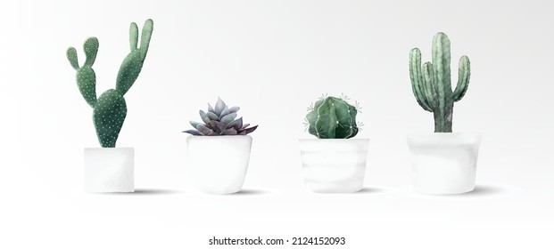 Watercolor cactus minimal collection 2 in cement pot vector design, isolated hand coloring with paper texture