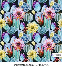 watercolor, cactus, pattern, flowers, prickly, seamless