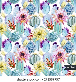 Watercolor, Cactus, Pattern, Flowers, Prickly,