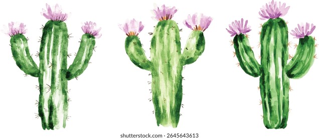 Watercolor Cactus with Pink Flowers vector illustration