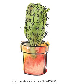 Watercolor cactus in pot