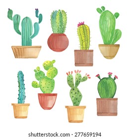 Watercolor Cactus In Pots Set