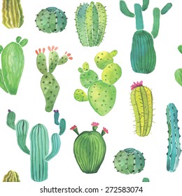 Watercolor Cactus Seamless Pattern