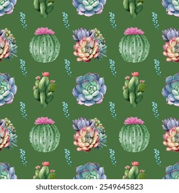 Watercolor cactus seamless pattern with colorful floral accents. Perfect for journals and more. Flower pattern, vintage illustration, hand-painted, template background.