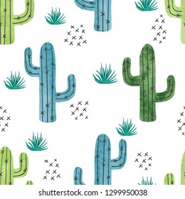 Watercolor cactus seamless pattern. Vector background with green and blue cactus isolated on white.