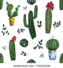 Watercolor cactus seamless pattern. Vector illustration.