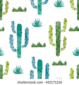 Watercolor cactus seamless pattern. Vector background with green and blue cactus isolated on white. 