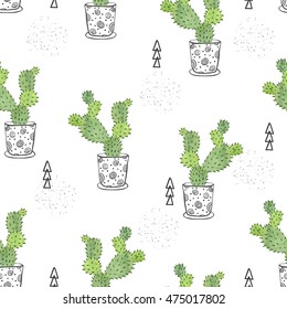 Watercolor cactus seamless pattern. Vector background with green cactus in the pots isolated on white.