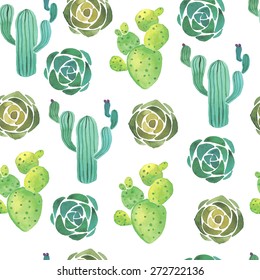 Watercolor cactus and succulent seamless pattern