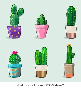 Watercolor Cactuses Pattern. Vector Illustration