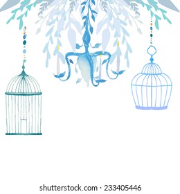 Watercolor cages and chandelier background. Hand drawn vector illustration