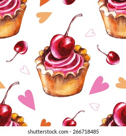 Watercolor cake with cherries, seamless decorative pattern