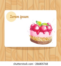 Watercolor cake with cherries. Vector illustration. Isolated. Illustration for cooking site, menus, books.
