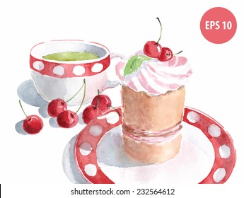 watercolor cake on dish with cup of green tea, painting food