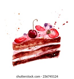 Watercolor cake with pink fruit cream, cherry and strawberry. Vector dessert illustration isolated on white background.