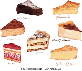 Padrão de fatias de bolos de aquarela - pastéis franceses e europeus. Estilo de pintura realista bonito. Fundo acolhedor para marca de padaria, livro de receitas, banner de cozinha. 