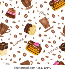 Watercolor cakes and coffee isolated on white. Seamless pattern background. Vector version