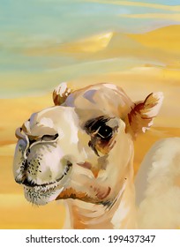 Watercolor camel in desert vector