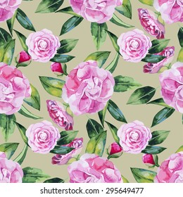 Watercolor camellia . Vector seamless pattern