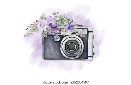 watercolor camera and floral illustration, logo design watercolor camera