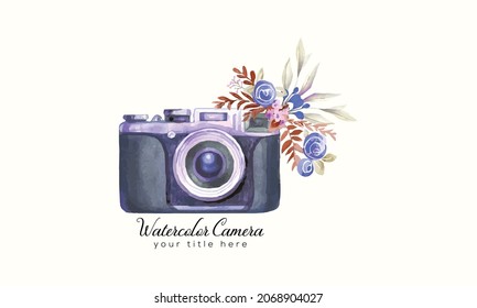 watercolor camera with flower. watercolor camera logo vector design