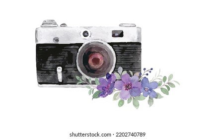 Watercolor Camera illustrations and vectors, watercolor Photography Logo vector , watercolor camera and floral elements, Watercolor Camera logo