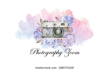 watercolor camera logo. watercolor flower vector background