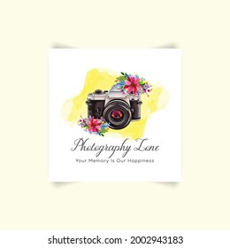 Cámaras de acuarela y elementos florales diseño del logotipo vectorial