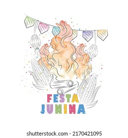 Watercolor campfire sketch and celebration ornaments Festa Junina Poster Vector