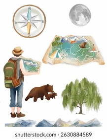 Aquarela acampamento e caminhadas conjunto com um mochileiro segurando um mapa, urso, bússola, lua, montanhas e árvores. Ótimo para temas de aventura, conteúdo de viagem e projetos de exploração ao ar livre.