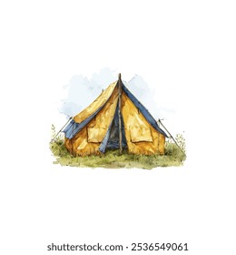 Watercolor camping tent in grassy field. Vector illustration design.