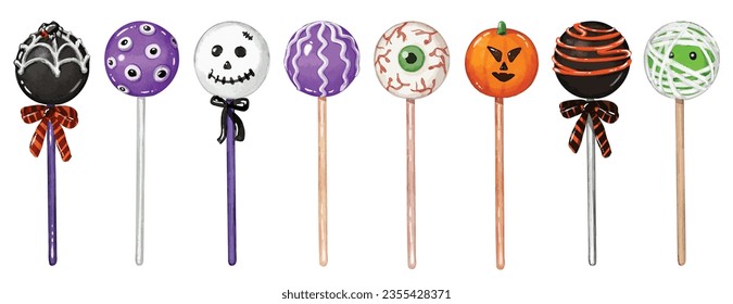 Los lipops de acuarela y Halloween aislaron elementos vectoriales. caramelos duros sobre un conjunto de palos