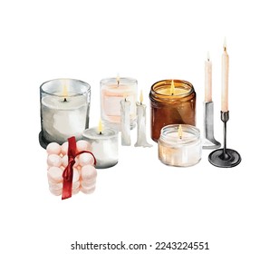 Watercolor of candle set vector elements design. Elements design for invitation, cards, social post, ad, cover, sale banner, invitation and decorate artwork.